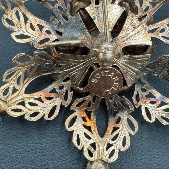 Vintage 1940 Signed Scitarelli Ruby Rhinestone Filigree Snowflake Pendant Brooch - Picture 8 of 13
